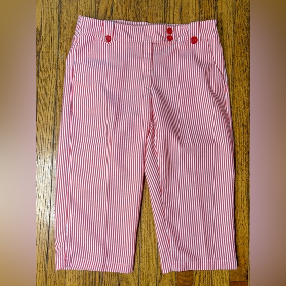 Sag Harbor Pants - Orange White Striped Seersucker Capris Size 10P Preppy Coastal Beach Boho